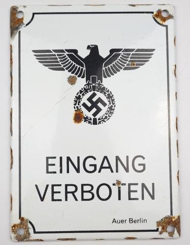 WW2 German Nazi Third Reich eingang verboten enamel wall sign original for sale