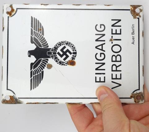 WW2 German Nazi Third Reich eingang verboten enamel wall sign original for sale