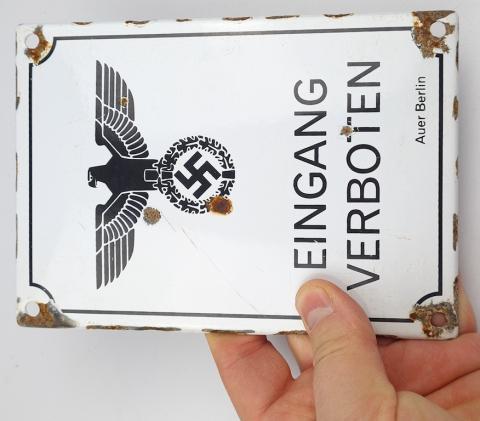 WW2 German Nazi Third Reich eingang verboten enamel wall sign original for sale