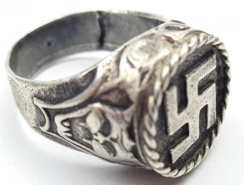 WW2 German Nazi very early NSDAP WAFFEN SS massive silver ring with swastika and a devil face. amazing !!