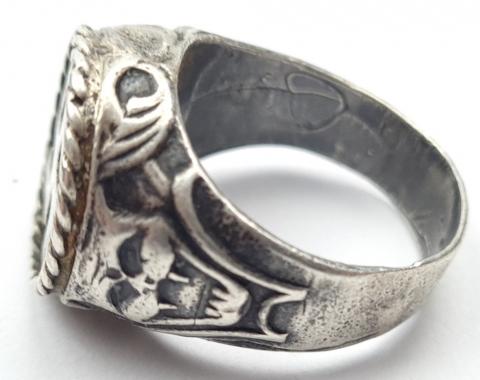 WW2 German Nazi very early NSDAP WAFFEN SS massive silver ring with swastika and a devil face. amazing !!