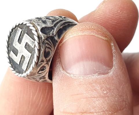 WW2 German Nazi very early NSDAP WAFFEN SS massive silver ring with swastika and a devil face. amazing !!