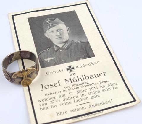 WW2 German NAZI Waffen SS silver soldier's ring totenkopf original own death card