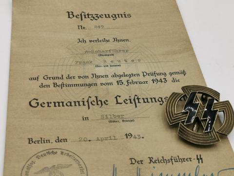 WW2 German Nazi Waffen SS sports marked badge medal original award document