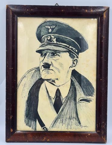 WW2 German NSDAP Fuhrer Leader Adolf Hitler original painting - drawing in frame, signed and date 1942