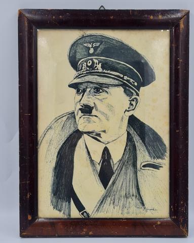 WW2 German NSDAP Fuhrer Leader Adolf Hitler original painting - drawing in frame, signed and date 1942