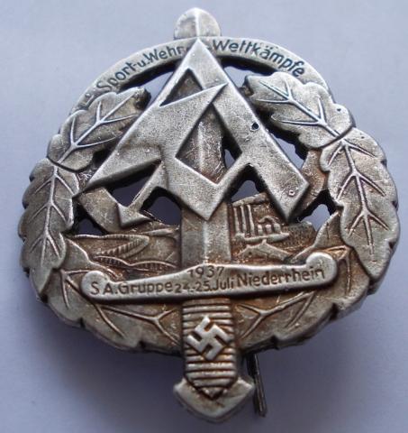 WW2 German Third Reich 1937 SA sports pin badge marked on the back rzm