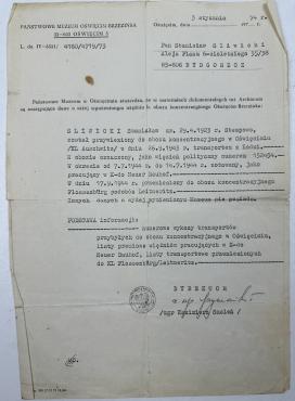 Certificate deportation concentration camp Auschwitz 1943 original document