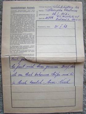 concentration camp AUSCHWITZ inmate letter feldpost Holocaust Polish