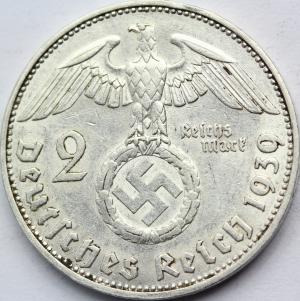 WW2 German Nazi 2 REICHSMARK III REICH 1936 HINDENBURG SWASTiKA silver coin