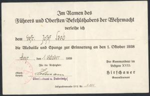 Sudetenland Medal commemorating 1 October 1938 award document stamped