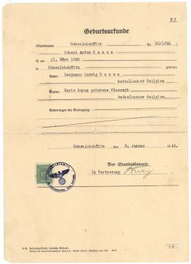 WW2 German Nazi BIRTH CERTIFICATE document with stamped SWASTIKA 1940