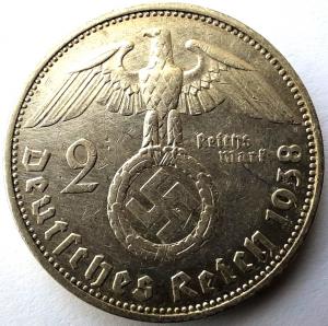 WW2 German Nazi early President Paul von Hindenburg Silver German 2 Mark Coin