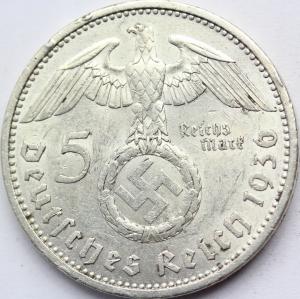 WW2 German Nazi 5 REICHSMARK III REICH 1936 A HINDENBURG SWASTIKA large silver coin