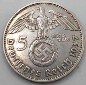 WW2 german Nazi adolf hitler Third Reich HINDENBURG silver coin 5 REICHS MARK
