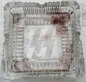WW2 German Nazi Waffen SS glass ashtray with SS runes