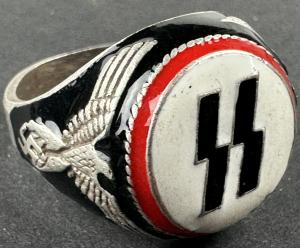 WW2 German Nazi WAFFEN SS runes enamel silver ring with Third Reich Eagle Swastika