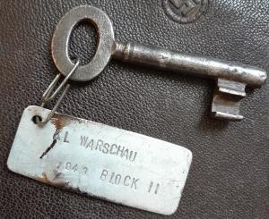 prison or concentration camp key with metal plate WARSAW 1943 block II forced labour