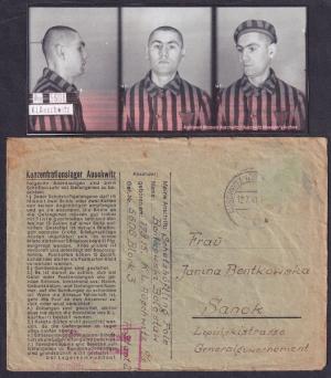 Concentration camp AUSCHWITZ BIRKENAU inmate enveloppe feldpost + museum mug photo