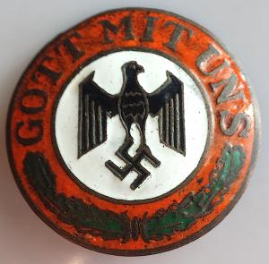 WW2 GERMAN NAZI EMANEL SCREWED PIN WITH EAGLE AND SWASTIKA - GOTT MIT UNS - GOD WITH US