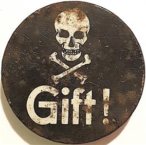 WW2 GERMAN NAZI MEGA RARE ZYKLON B GEGESCH COMPANY GIFT! POISON CANISTER COVER WITH SKULL RELIC