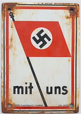 WW2 GERMAN NAZI NICE THIRD REICH FLAG WITH OLD MOTTO "MIT UNS" FROM HAMBOURG, EARLY PANEL SIGN