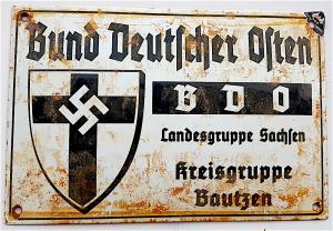 WW2 GERMAN NAZI NSDAP EARLY Bund Deutscher Osten (BDO) ORGANIZATION PANEL SIGN WITH SWASTIKA