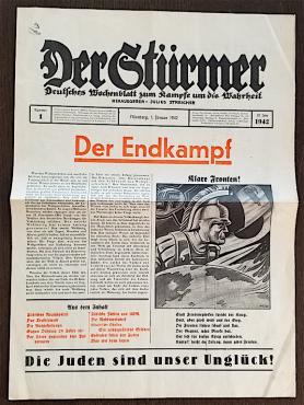WW2 GERMAN NAZI RARE MOST INFAMOUS ANTI-SEMITIC ANTI-JEWISH GERMAN NEWSLETTER " DER STURMER " ISSUE FROM 1942 WITH AN AMAZING DRAWING ON THE COVER JEW JUIF JOOD JUDE HOLOCAUST