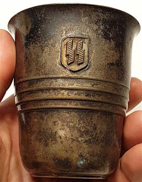 WW2 GERMAN NAZI RELIC FOUND WAFFEN SS SILVER CUP MARKED WITH THE III REICH EAGLE & SWASTIKA
