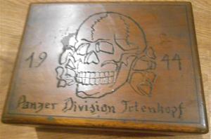 WW2 GERMAN NAZI UNIQUE HAND MADE 1944 WAFFEN SS TOTENKOPF PANZER GRENADIER DIVISION WOODEN BOX WITH SKULL AND NAME OF THE DIVISION ENGRAVED