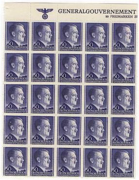 WW2 GERMAN NAZI UNISSUED FULL SHEET OF THIRD REICH ADOLF HITLER 50 STAMPS GENERALGOUVERNEMENT NSDAP