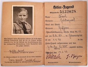 WW2 GERMAN NAZI VERY NICE HITLER YOUTH HITLERJUGEND FLIP ID WITH PHOTO STAMPS AND MANY ENTRIES ADOLF HITLER HJ