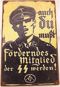WW2 GERMAN NAZI WAFFEN SS PANZER VERY EARLY PARTISAN RECRUITMENT PANEL SIGN