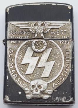 WAFFEN SS TOTENKOPF PANZER EARLY 1933 GRUPPE SS FRANKFURT BADGE SHIELD ON A ZIPPO LIGHTER