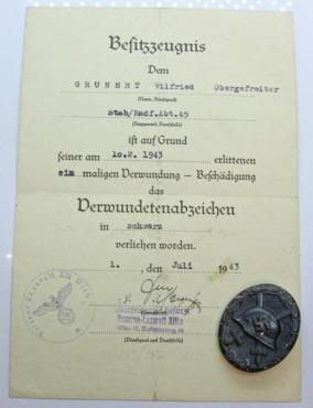 WW2 GERMAN NAZI FOR SALE BLACK WOUND BADGE MEDAL + AWARD DOCUMENT 