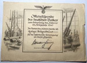 WW2 GERMAN NAZI Document - thank you for a donation to the German army. 1940 