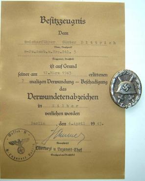 WW2 GERMAN NAZI WAFFEN SS PANZER GRENADIER DIVISION SILVER WOUND BADGE MEDAL AWARD DOCUMENT