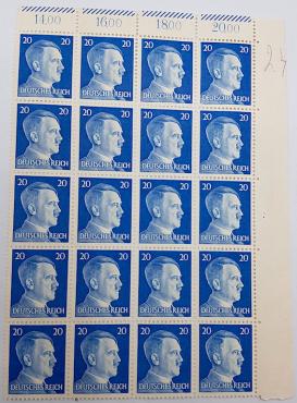 WW2 GERMAN NAZI THIRD REICH ADOLF HITLER ORIGINAL STAMPS SHEET COMPLETE BLUE 20 STAMPS