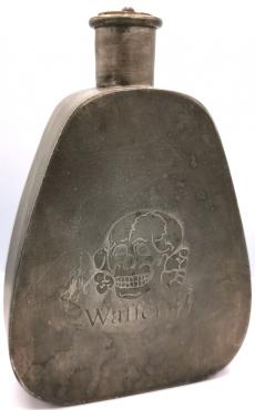 WW2V GERMAN NAZI VERY RARE WAFFEN SS TOTENKOPF METAL FLASK  WITH SS RUNES AND SKULL