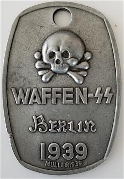 WW2 GERMAN NAZI EARLY WAFFEN SS TOTENKOPF PANZER METAL BADGE BERLIN 1939 WITH PANZER SKULL