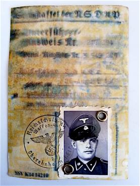 WW2 GERMAN NAZI RARE WATER DAMAGED WAFFEN SS TOTENKOPF ID WITH SS STAMP, PHOTO WITH SKULL VISOR CAP, REICH STAMP, HIMMLER FACSIMILE SIGNATURE