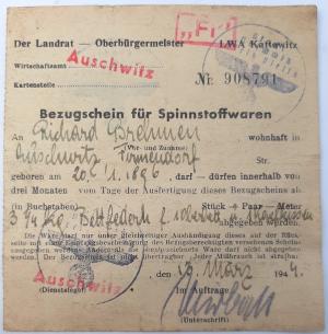 AUSCHWITZ CONCENTRATION CAMP ORDER OF TEXTILE DOCUMENT stamped RARE