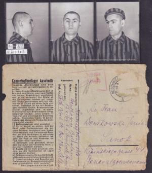 Concentration camp Auschwitz feldpost inmate letter enveloppe mug photo holocaust original