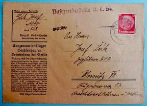 Concentration Camp Sachsenhausen inmate's letter feldpost enveloppe holocaust jew jewish