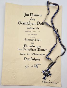 mother cross in silver medal + award document with facsimile Adolf Hitler AH signature autograph and General NSDAP HANDMADE signature