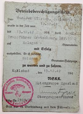 WW2 German Nazi NSKK driver's license ID with an original signature from a general of the NSDAP Obergruppenführer dated Karlsbad 1942